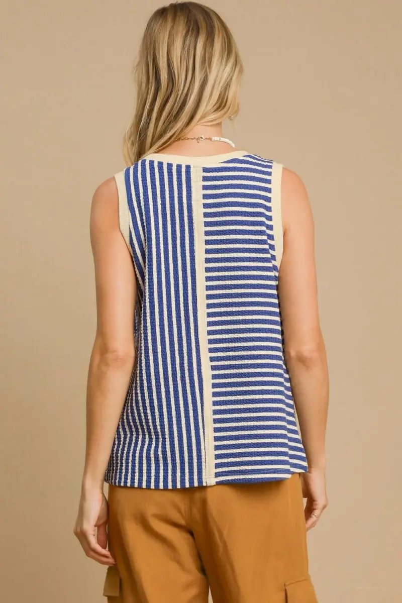 Umgee Round Neck Texture Striped Tank for Stylish Outfits - Love Salve